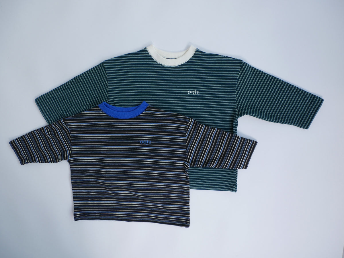 fleece border long t-shirts green ivory / charcoal blue