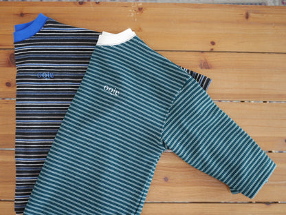 fleece border long t-shirts green ivory / charcoal blue