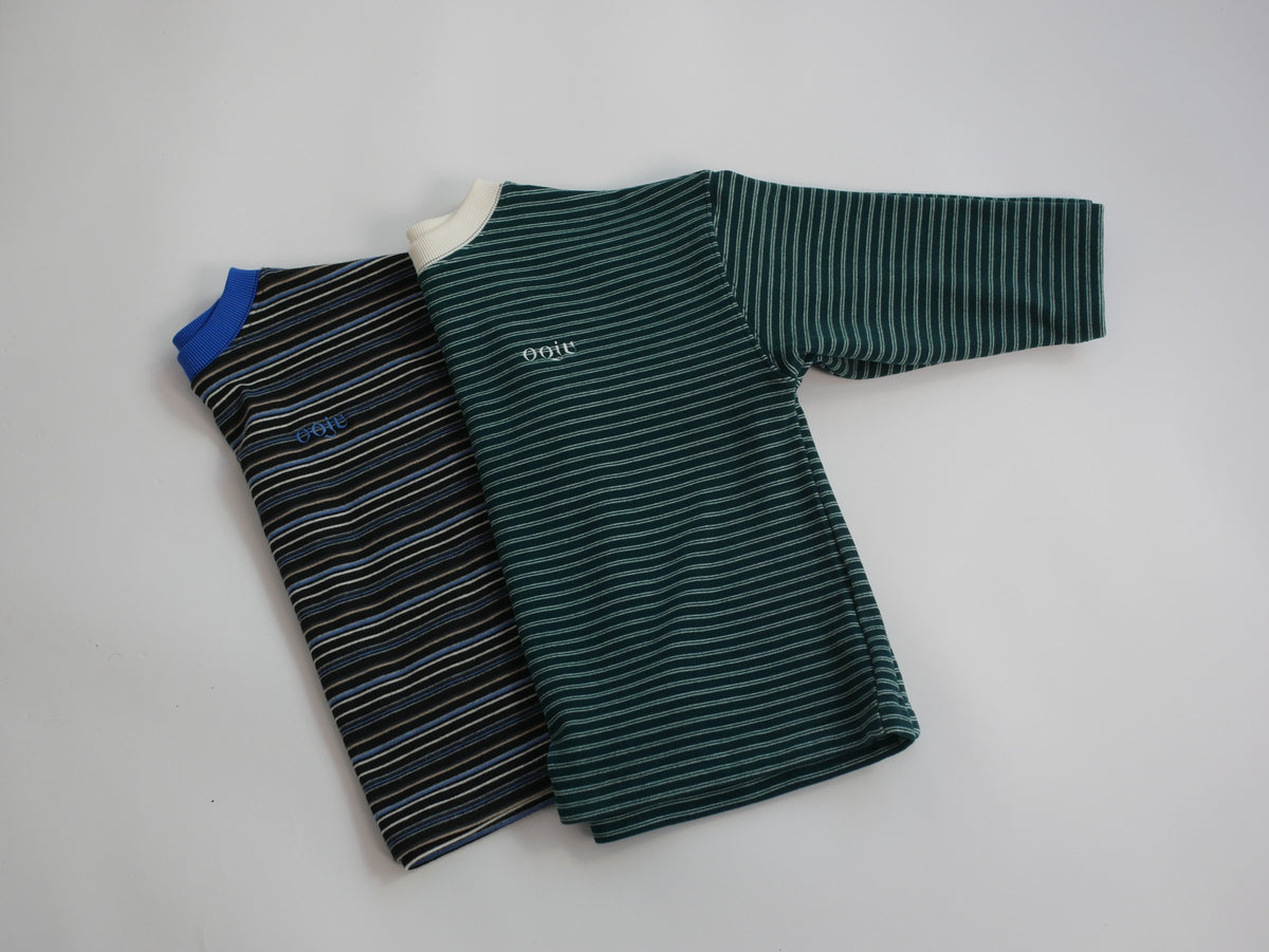 fleece border long t-shirts green ivory / charcoal blue